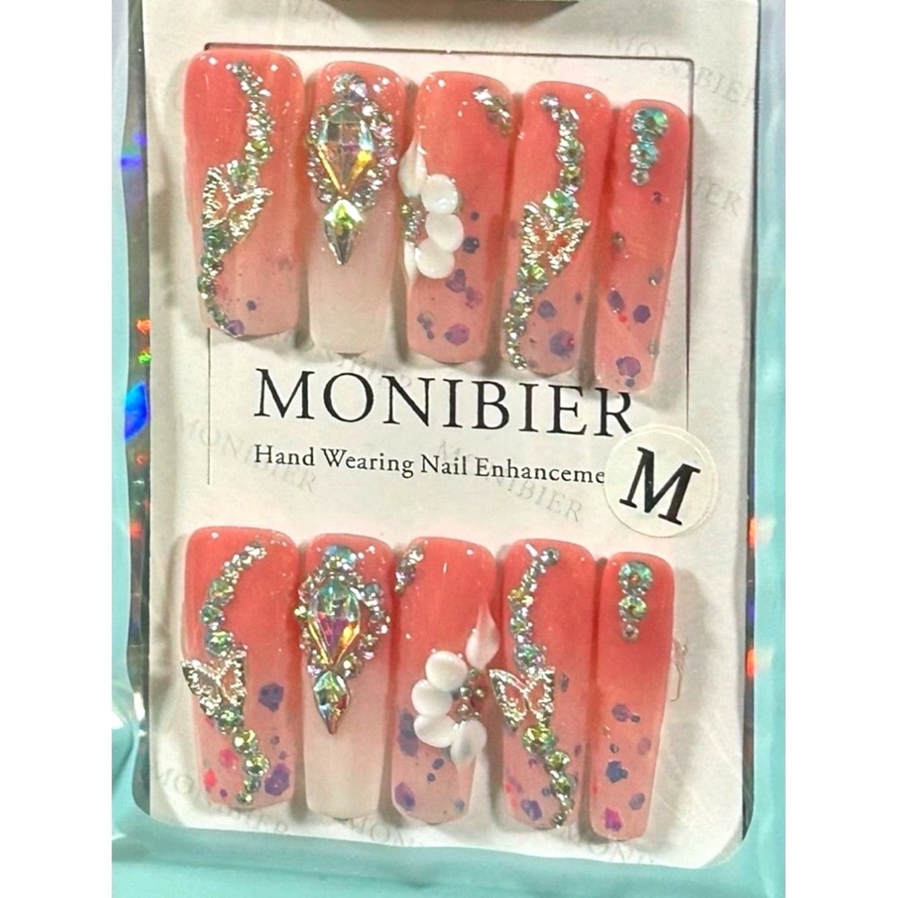 Luxury Glam PressOn Nails Peach Rhinestone 3D Floral Glitter Confetti Long Sq.